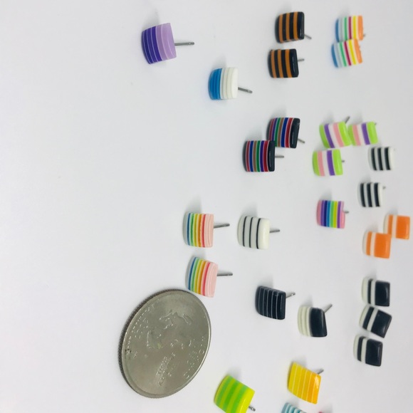 Purple Minimalist Repurposed Vintage Striped Bead Stud Earrings - Picture 7 of 13